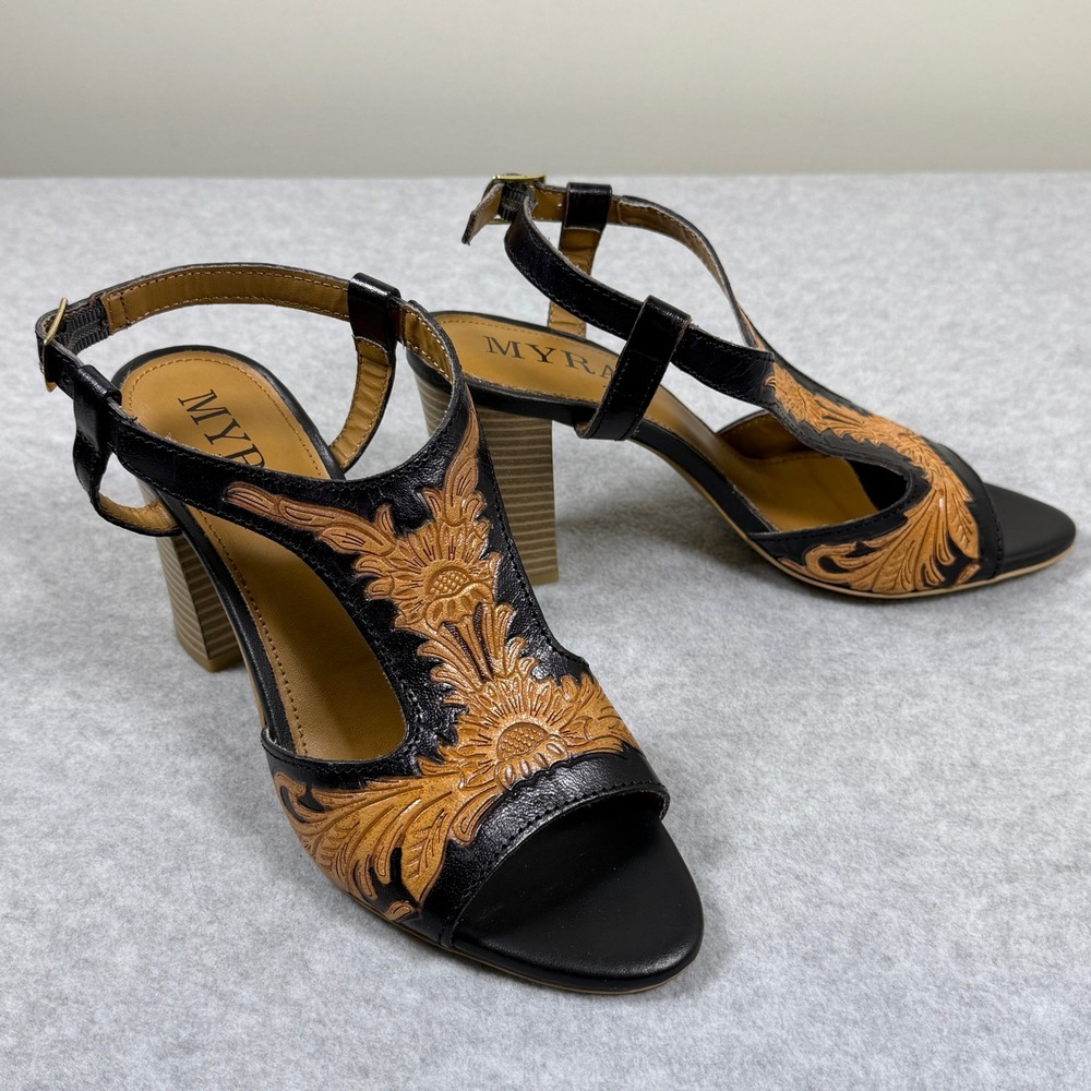 Myra Handtooled Leather Heels Rodeo Rose Natural Brown Sandals Western Cowgirl - Picture 8 of 8